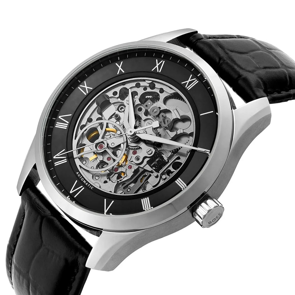 Hugo Boss Principe 1514234 43mm Men’s Automatic Watch – Black Skeleton Dial & Genuine Leather Strap