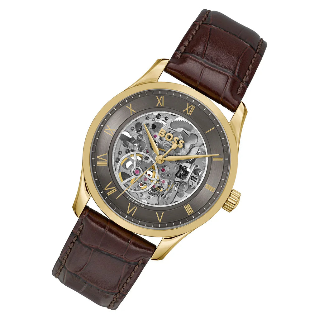 Hugo Boss Principe 1514235 43mm Men’s Automatic Watch – Grey Skeleton Dial & Genuine Leather Strap