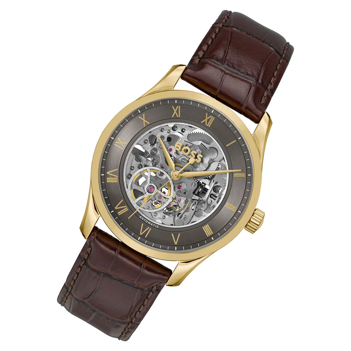 Hugo Boss Principe 1514235 43mm Men’s Automatic Watch – Grey Skeleton Dial & Genuine Leather Strap