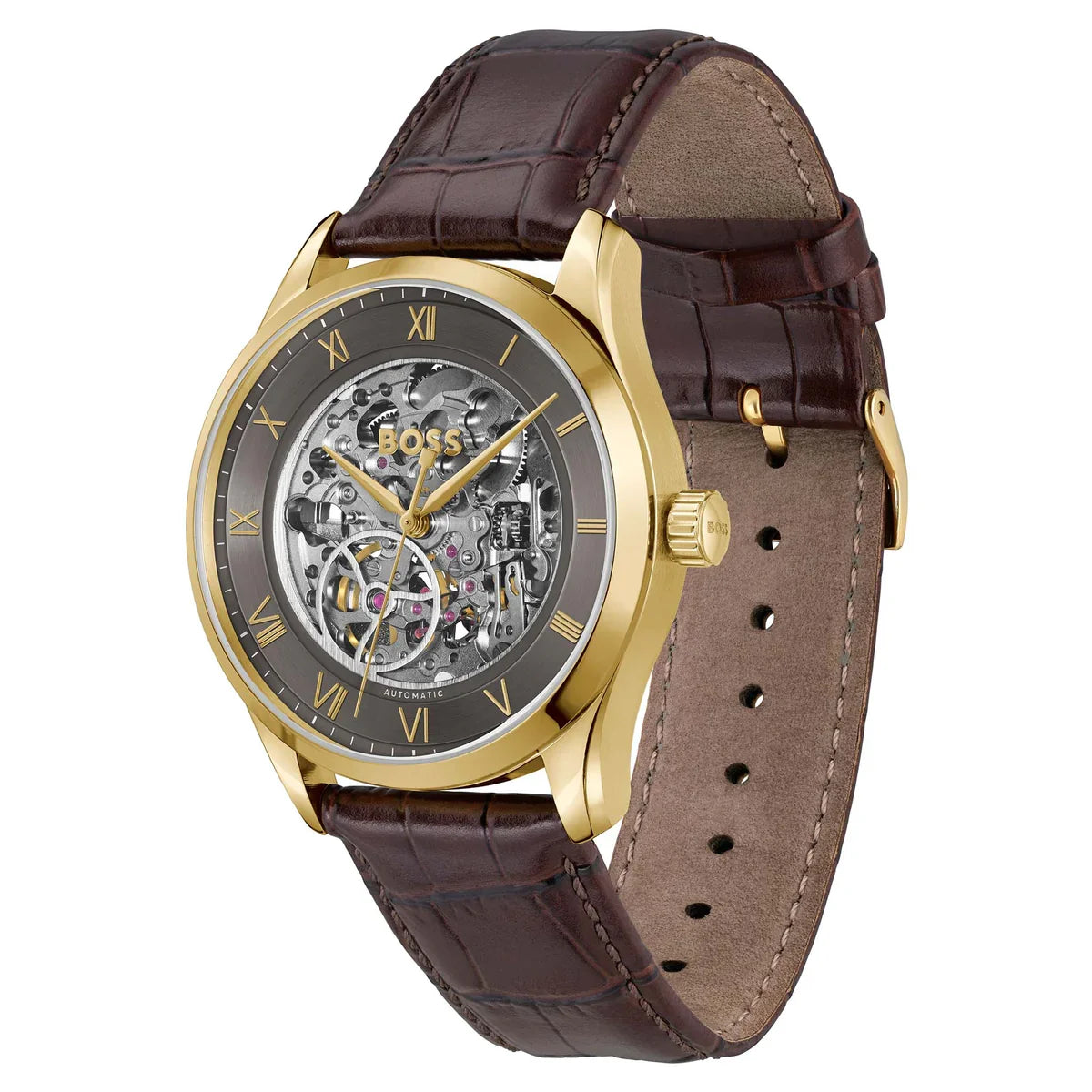Hugo Boss Principe 1514235 43mm Men’s Automatic Watch – Grey Skeleton Dial & Genuine Leather Strap