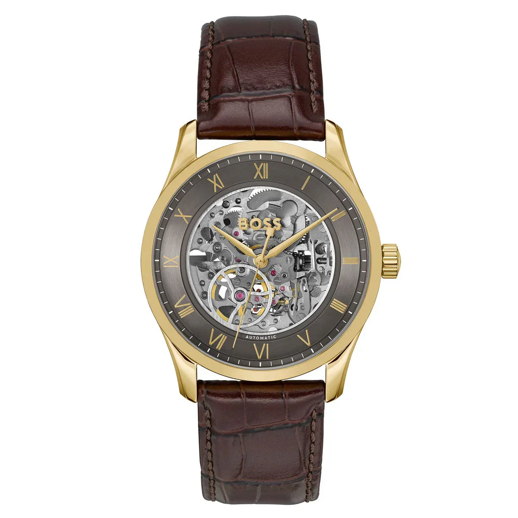 Hugo Boss Principe 1514235 43mm Men’s Automatic Watch – Grey Skeleton Dial & Genuine Leather Strap