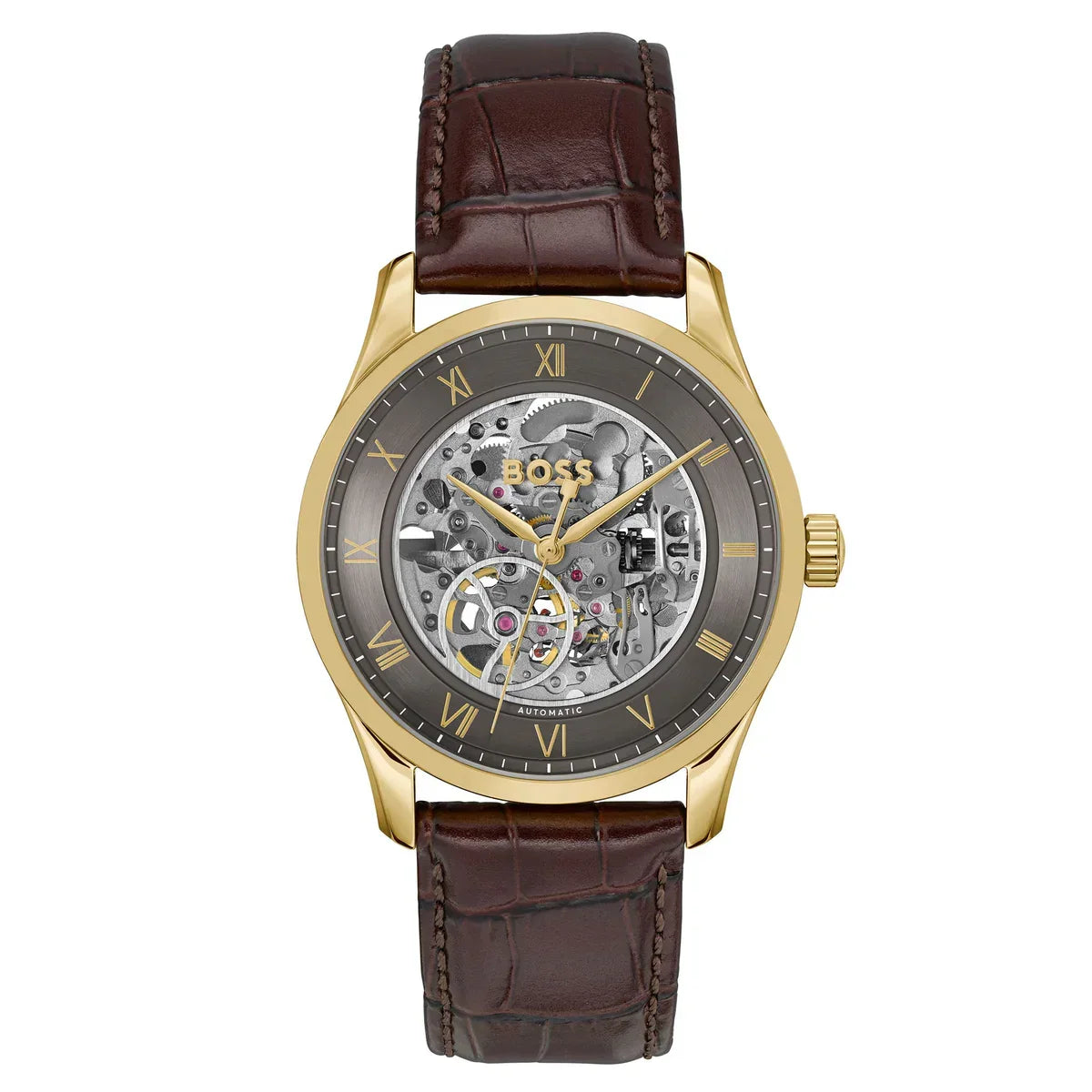 Hugo Boss Principe 1514235 43mm Men’s Automatic Watch – Grey Skeleton Dial & Genuine Leather Strap