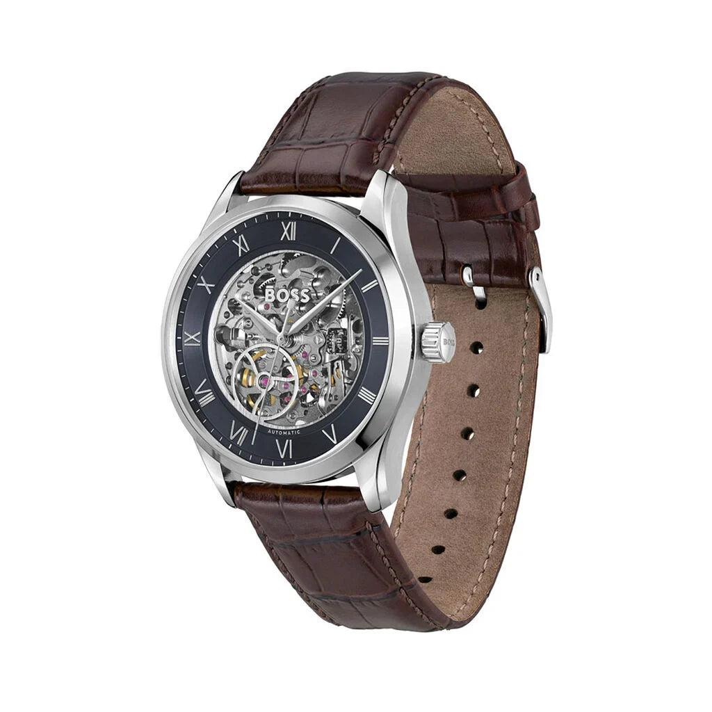 Hugo Boss Principe 1514305 43mm Men’s Automatic Watch – Blue Skeleton Dial & Genuine Leather Strap