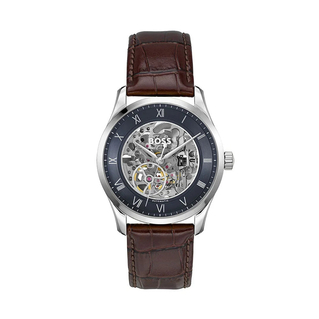 Hugo Boss Principe 1514305 43mm Men’s Automatic Watch – Blue Skeleton Dial & Genuine Leather Strap