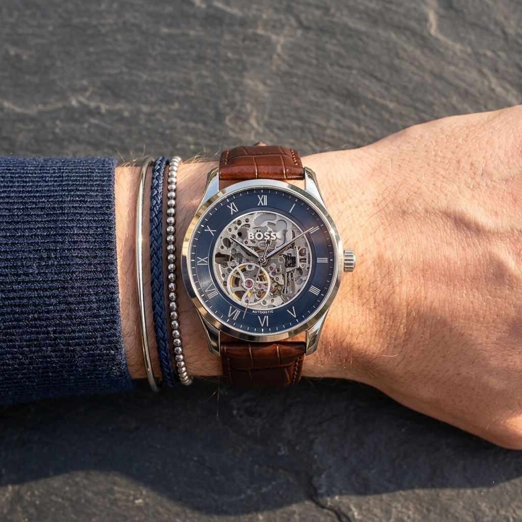 Hugo Boss Principe 1514305 43mm Men’s Automatic Watch – Blue Skeleton Dial & Genuine Leather Strap