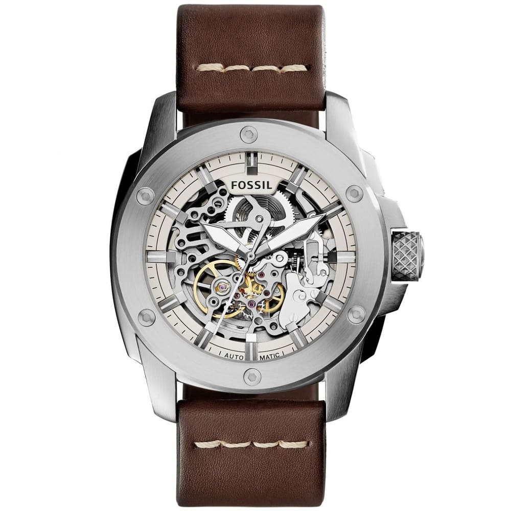 Fossil Modern Machine ME3083 50mm Men’s Automatic Watch – White Dial & Brown Genuine Leather Strap