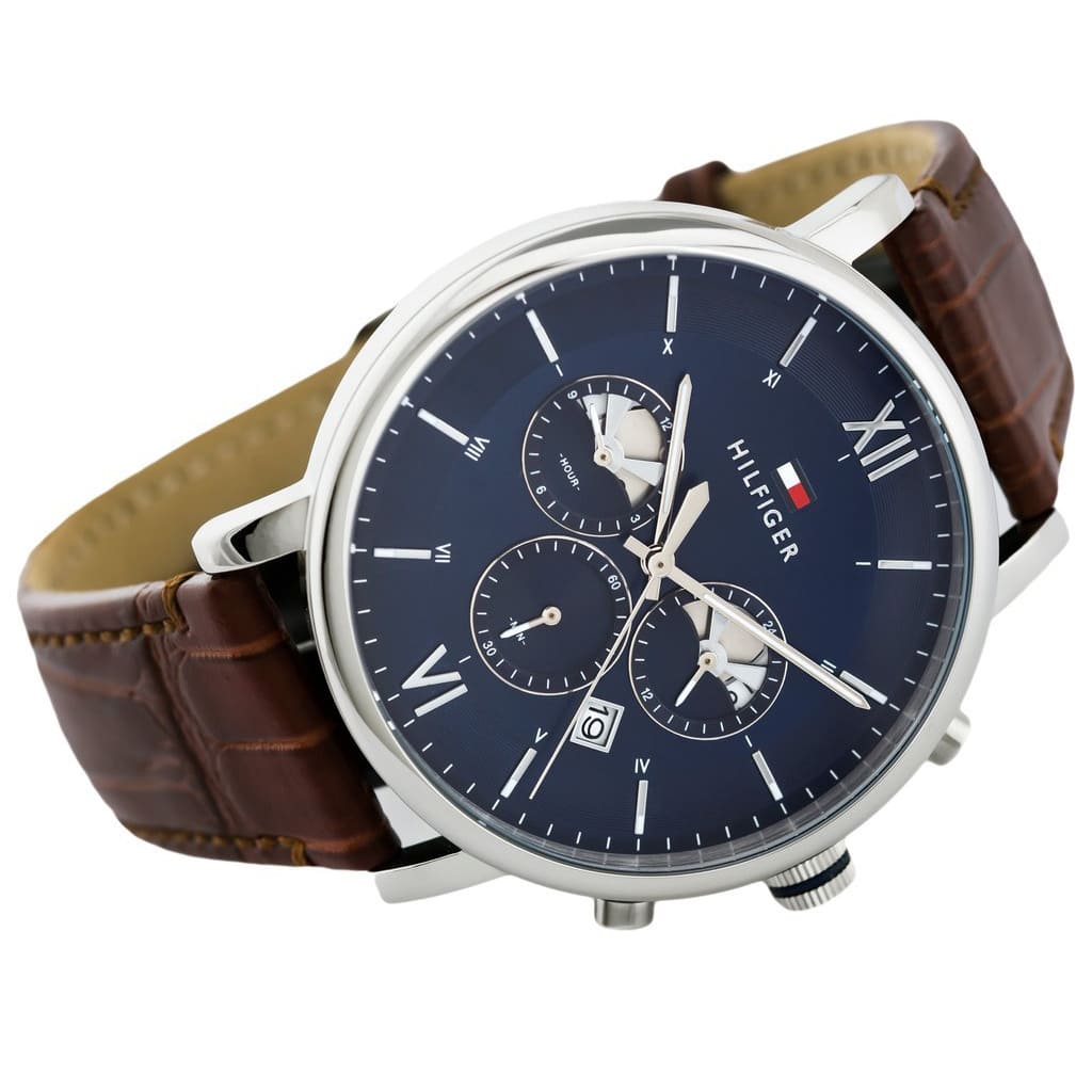 Tommy Hilfiger Evan 1710393 44mm Men's Chronograph Watch – Blue & Brown Genuine Leather Strap