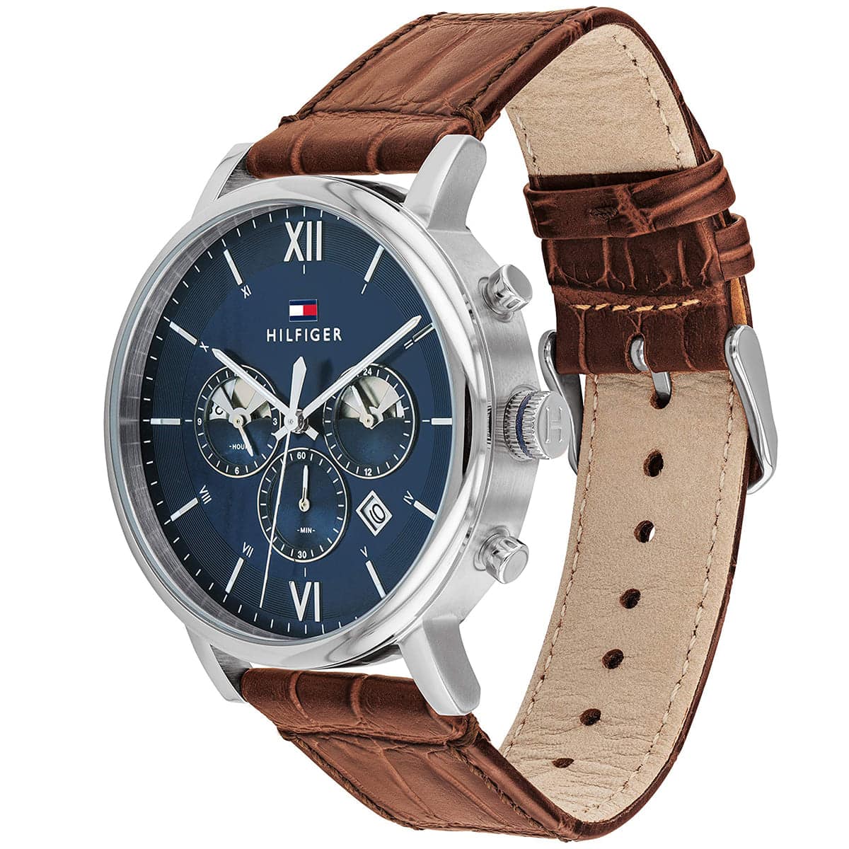 Tommy Hilfiger Evan 1710393 44mm Men's Chronograph Watch – Blue & Brown Genuine Leather Strap