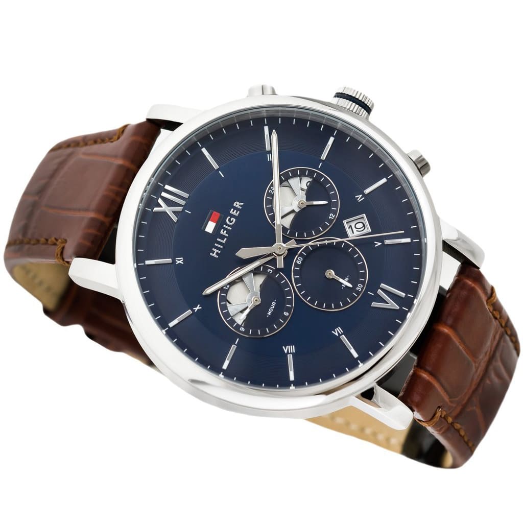 Tommy Hilfiger Evan 1710393 44mm Men's Chronograph Watch – Blue & Brown Genuine Leather Strap