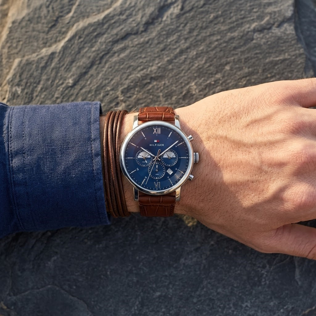 Tommy Hilfiger Evan 1710393 44mm Men's Chronograph Watch – Blue & Brown Genuine Leather Strap