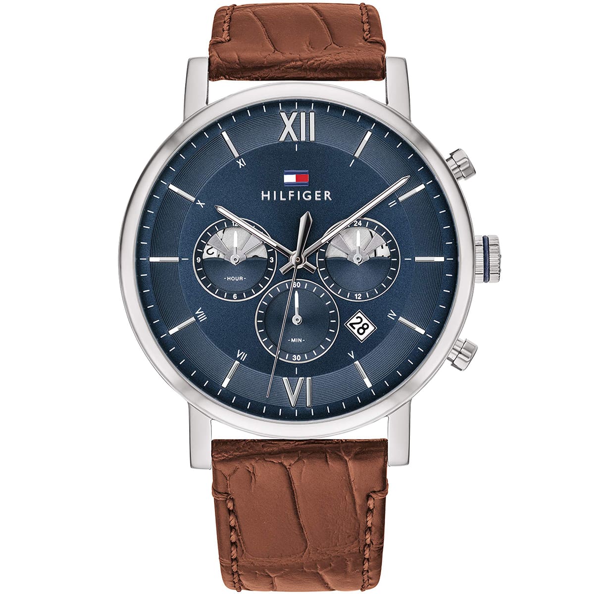 Tommy Hilfiger Evan 1710393 44mm Men's Chronograph Watch – Blue & Brown Genuine Leather Strap