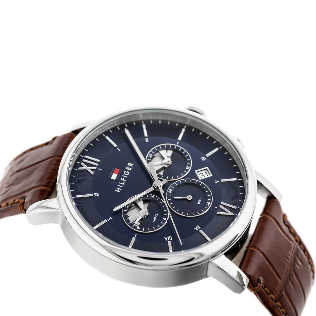 Tommy Hilfiger Evan 1710393 44mm Men's Chronograph Watch – Blue & Brown Genuine Leather Strap