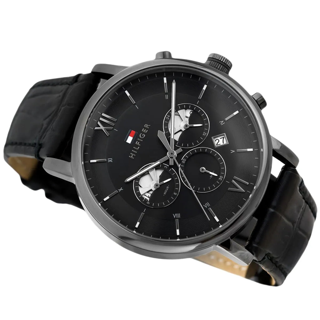 Tommy Hilfiger Evan 1710395 44mm Men's Chronograph Watch – Black & Black Genuine Leather Strap
