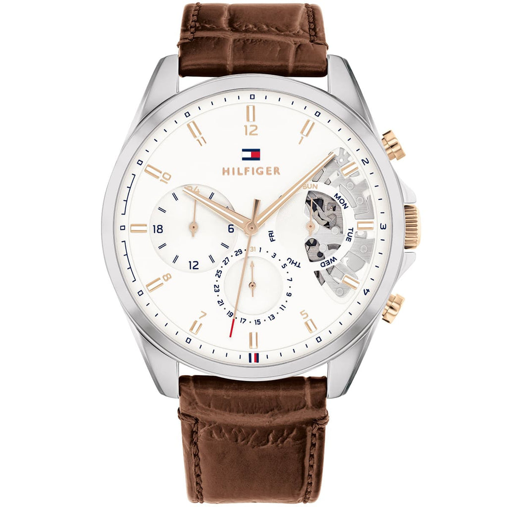 Tommy Hilfiger Baker 1710450 44mm Men's Multi-Function Watch – White Semi-Skeleton & Brown Genuine Leather Strap