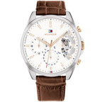 Tommy Hilfiger Baker 1710450 44mm Men's Multi-Function Watch – White Semi-Skeleton & Brown Genuine Leather Strap