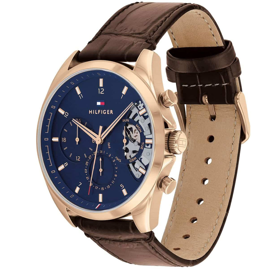 Tommy Hilfiger Baker 1710453 44mm Men's Multi-Function Watch – Blue & Brown Genuine Leather Strap