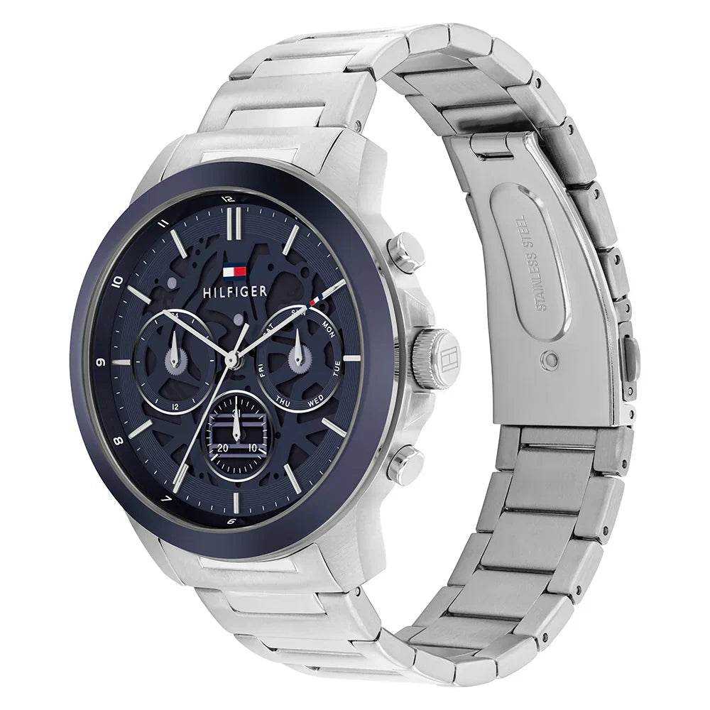 Tommy Hilfiger Henry 1710684 44mm Men's Multi-Function Watch – Blue Skeleton & Silver Stainless Steel Bracelet