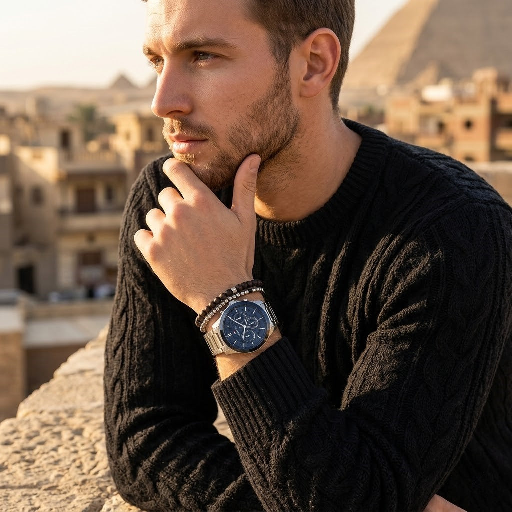 Tommy Hilfiger Henry 1710684 44mm Men's Multi-Function Watch – Blue Skeleton & Silver Stainless Steel Bracelet