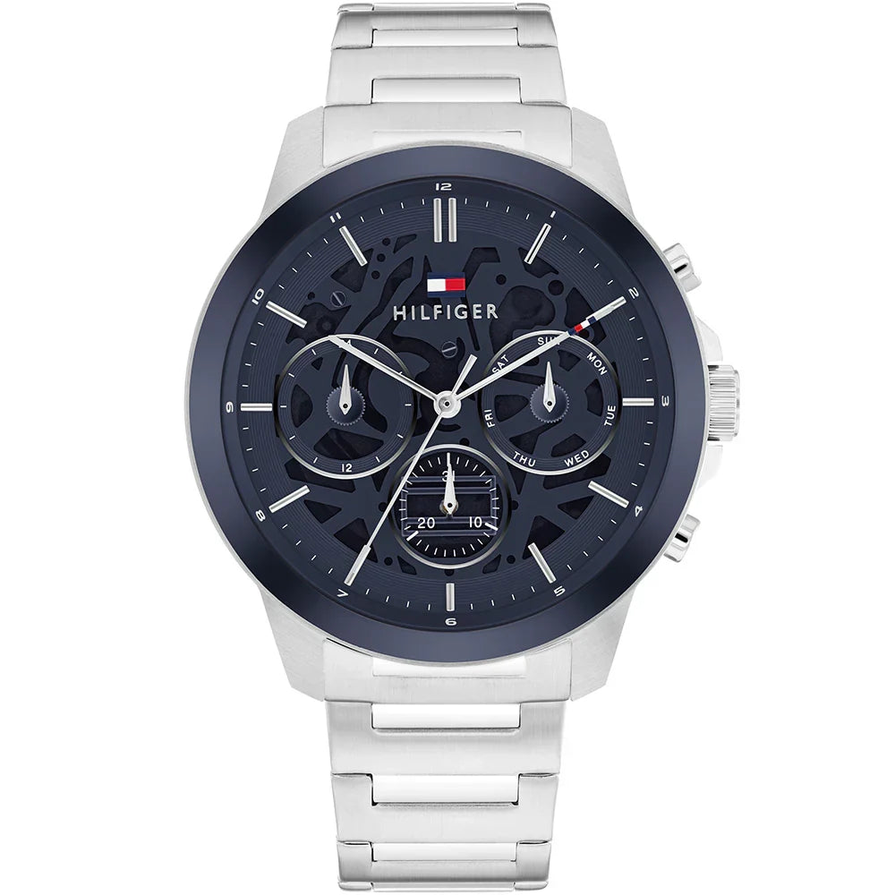 Tommy Hilfiger Henry 1710684 44mm Men's Multi-Function Watch – Blue Skeleton & Silver Stainless Steel Bracelet