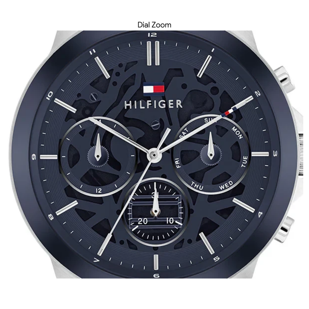 Tommy Hilfiger Henry 1710684 44mm Men's Multi-Function Watch – Blue Skeleton & Silver Stainless Steel Bracelet
