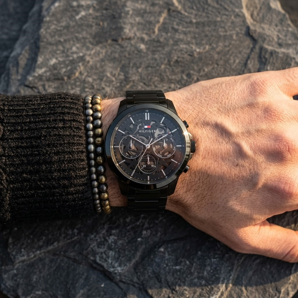 Tommy Hilfiger Henry 1710685 44mm Men's Multi-Function Watch – Black Skeleton & Black Stainless Steel Bracelet
