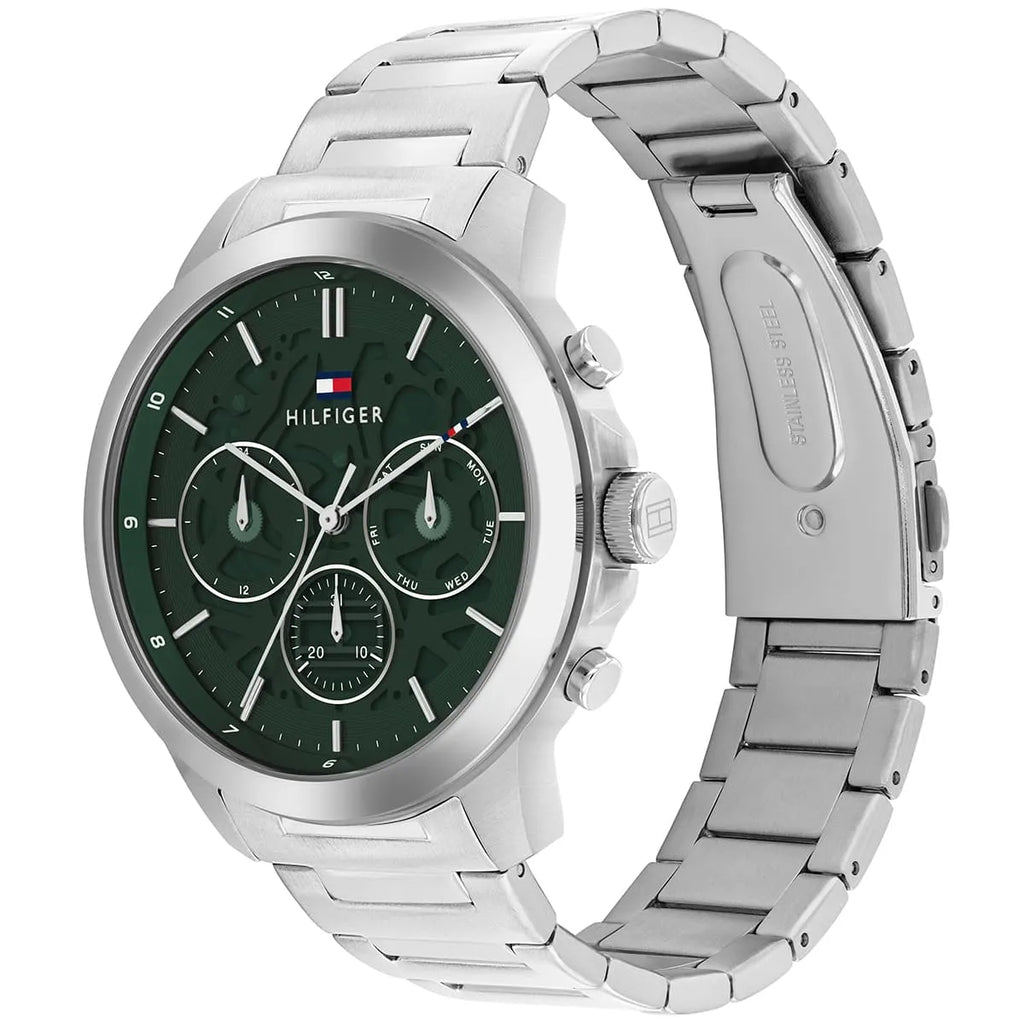 Tommy Hilfiger Henry 1710686 44mm Men's Multi-Function Watch – Green Skeleton & Silver Stainless Steel Bracelet