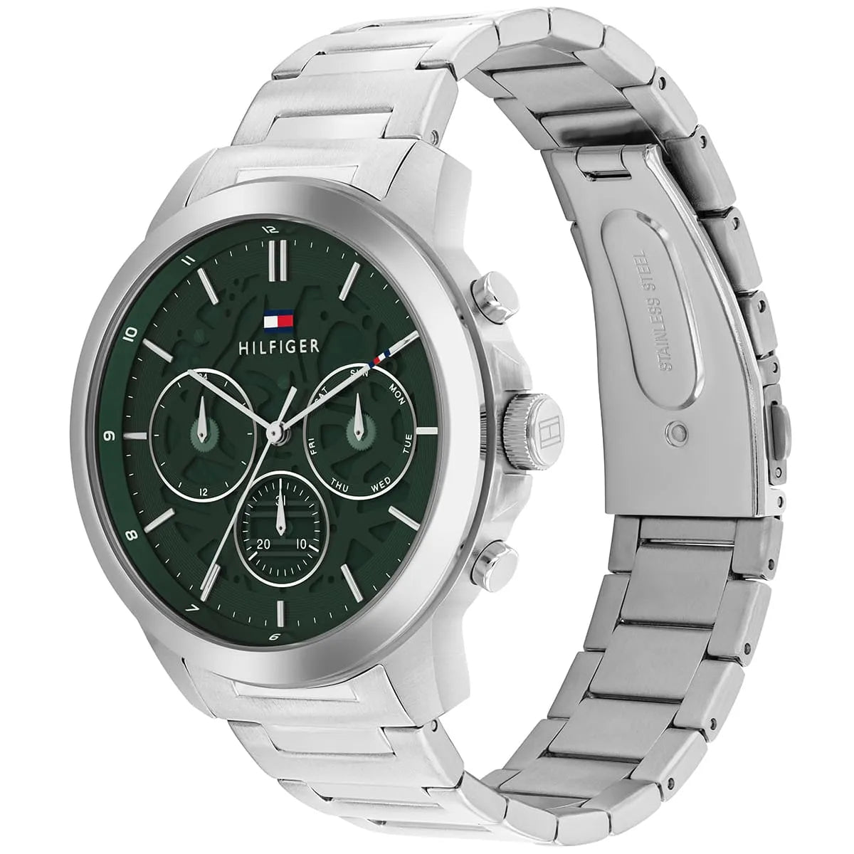 Tommy Hilfiger Henry 1710686 44mm Men's Multi-Function Watch – Green Skeleton & Silver Stainless Steel Bracelet