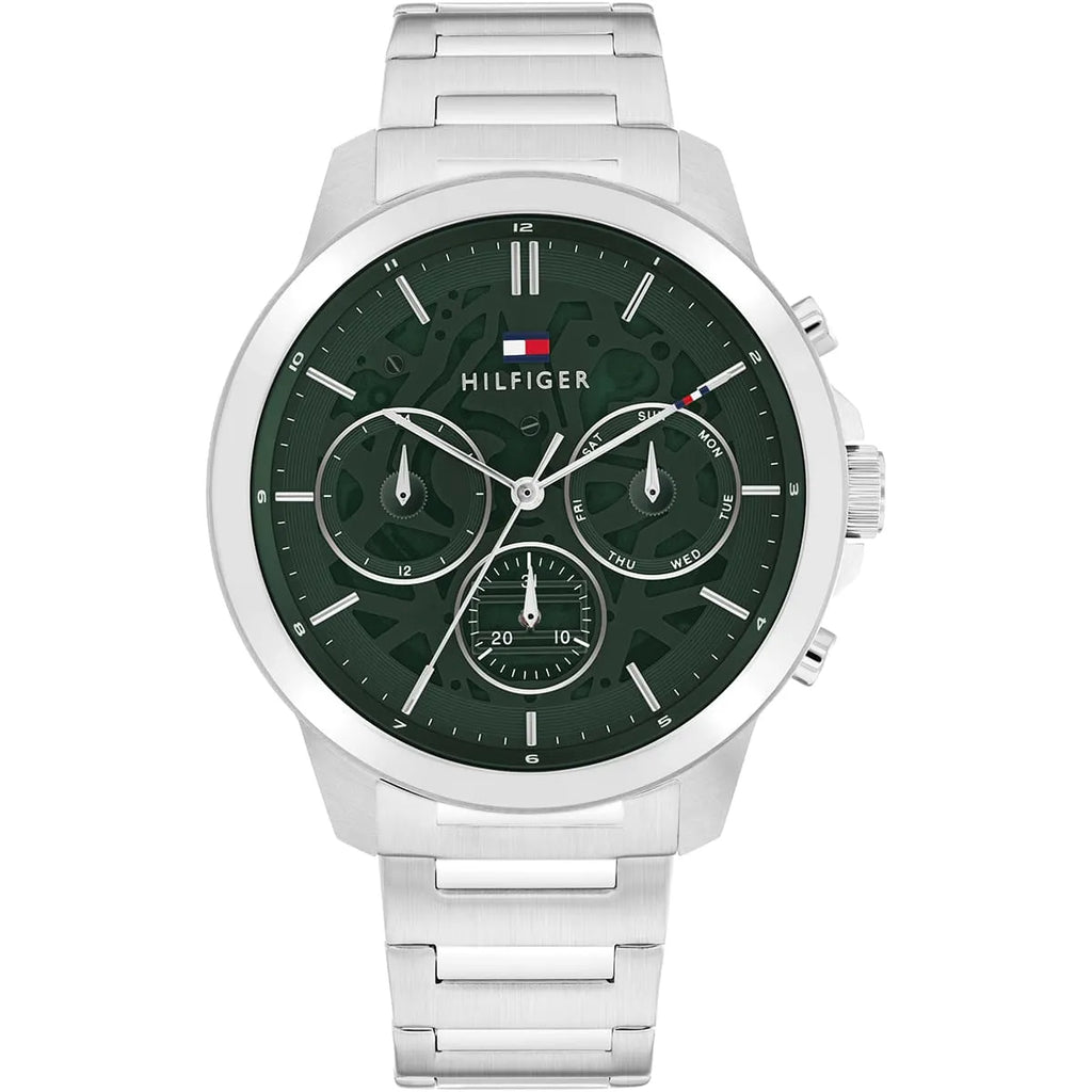 Tommy Hilfiger Henry 1710686 44mm Men's Multi-Function Watch – Green Skeleton & Silver Stainless Steel Bracelet