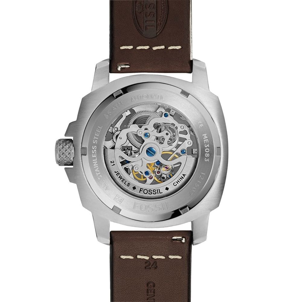 Fossil Modern Machine ME3083 50mm Men’s Automatic Watch – White Dial & Brown Genuine Leather Strap