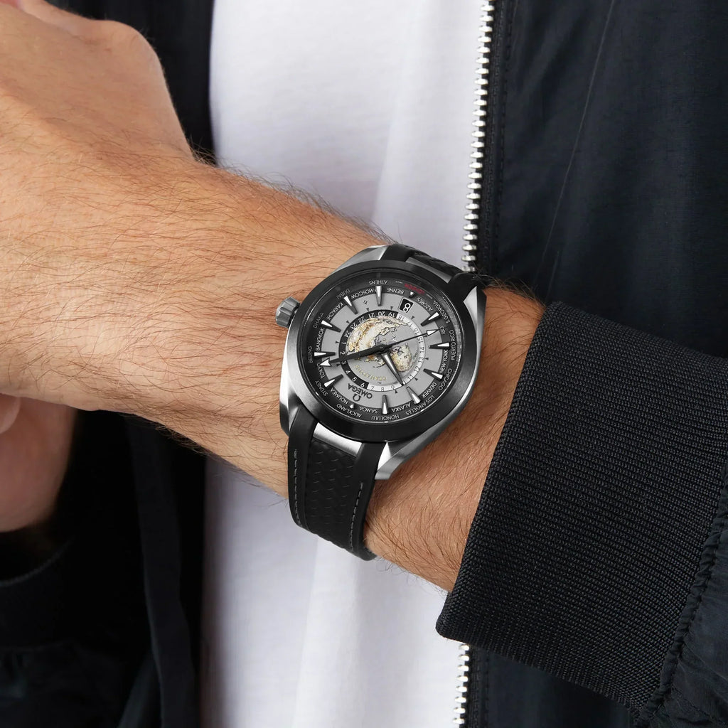 Omega Seamaster Aqua Terra Worldtimer 43mm Master Quality Watch – Black Dial & Black Rubber Strap