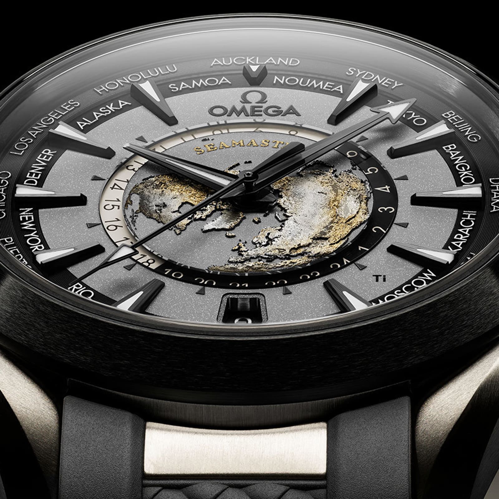 Omega Seamaster Aqua Terra Worldtimer 43mm Master Quality Watch – Black Dial & Black Rubber Strap
