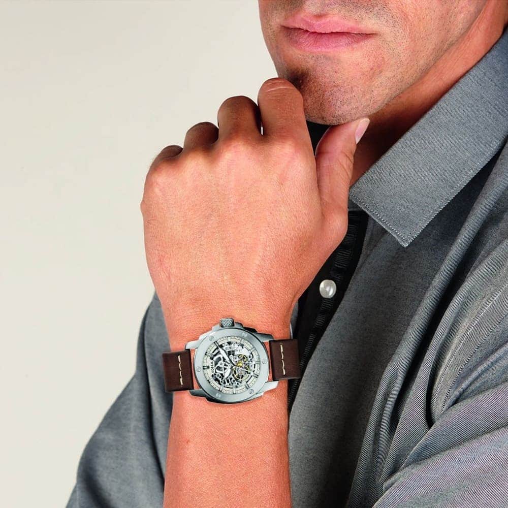 Fossil Modern Machine ME3083 50mm Men’s Automatic Watch – White Dial & Brown Genuine Leather Strap