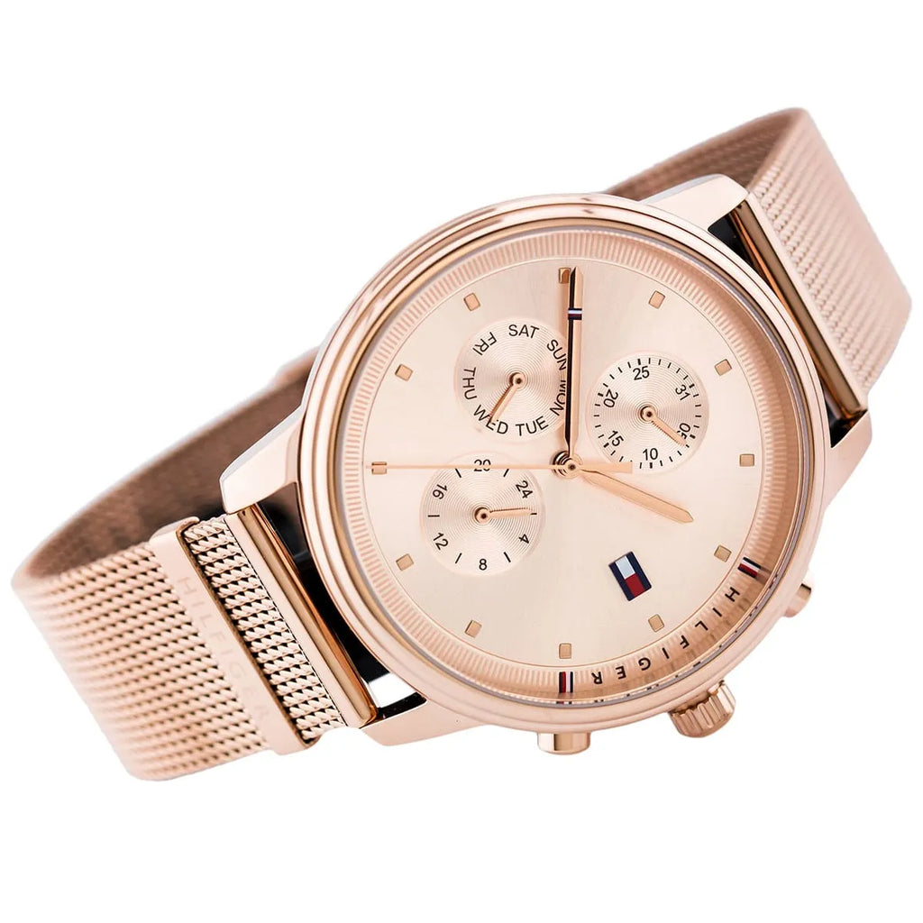 Tommy Hilfiger Signature 1781907 38mm Women's Multi-Function Watch – Rose Gold Sunray & Rose Gold Stainless Steel Mesh Bracelet