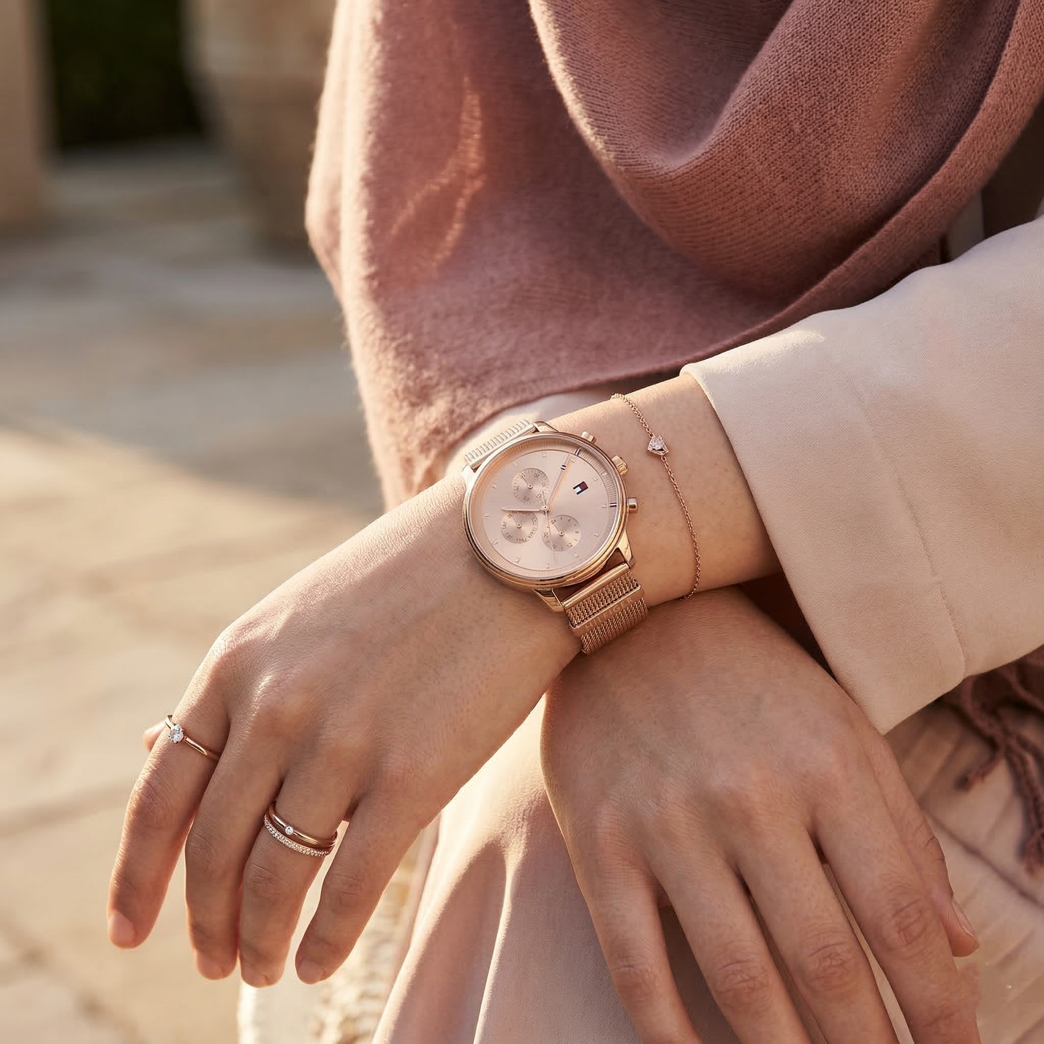 Tommy Hilfiger Signature 1781907 38mm Women's Multi-Function Watch – Rose Gold Sunray & Rose Gold Stainless Steel Mesh Bracelet
