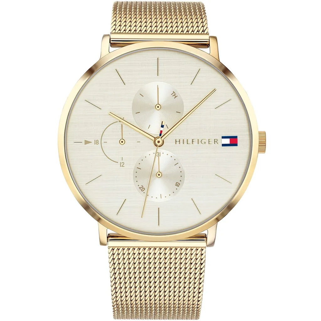 Tommy Hilfiger Jenna 1781943 40mm Women's Multi-Function Watch – Champagne Sunray & Gold Stainless Steel Mesh Bracelet