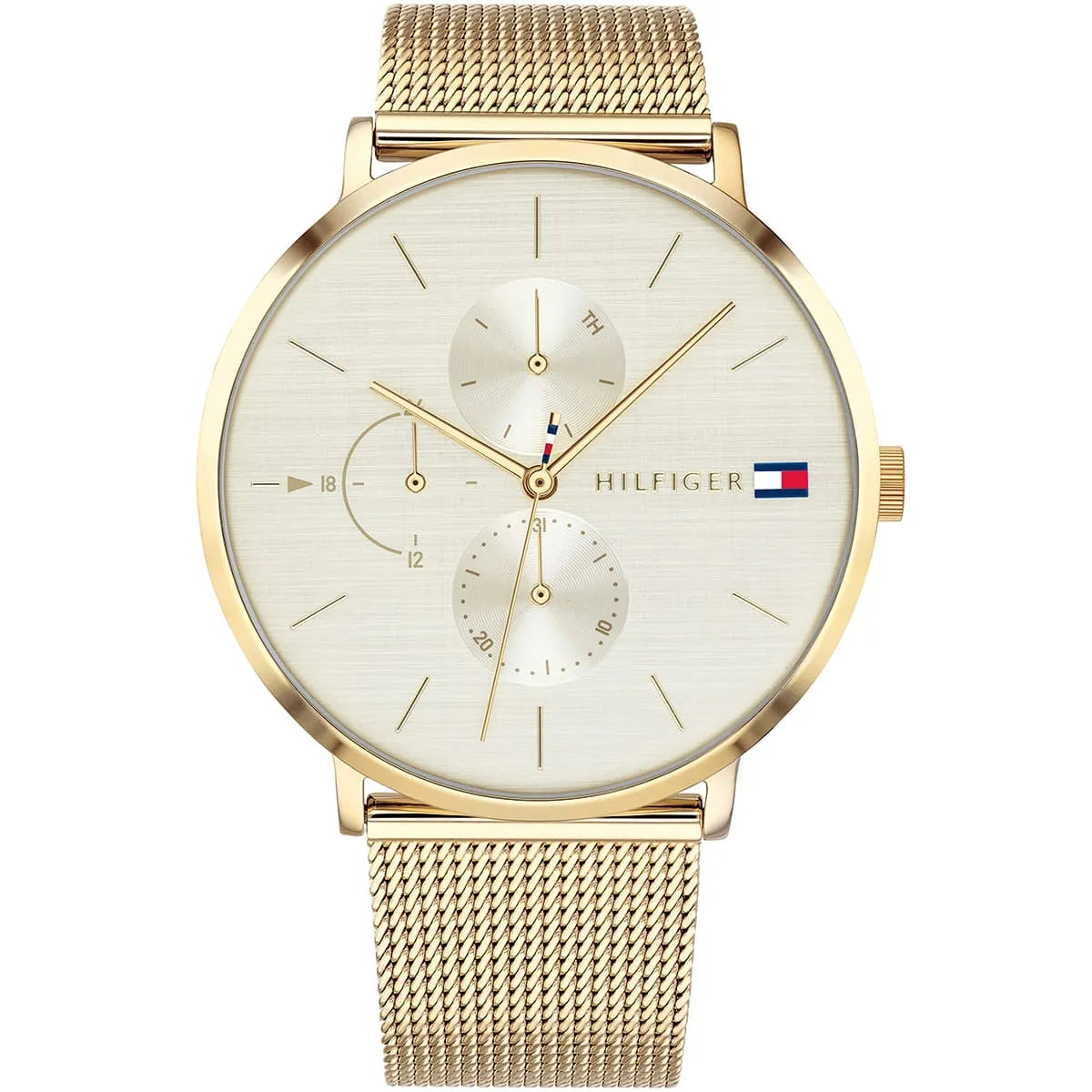 Tommy Hilfiger Jenna 1781943 40mm Women's Multi-Function Watch – Champagne Sunray & Gold Stainless Steel Mesh Bracelet