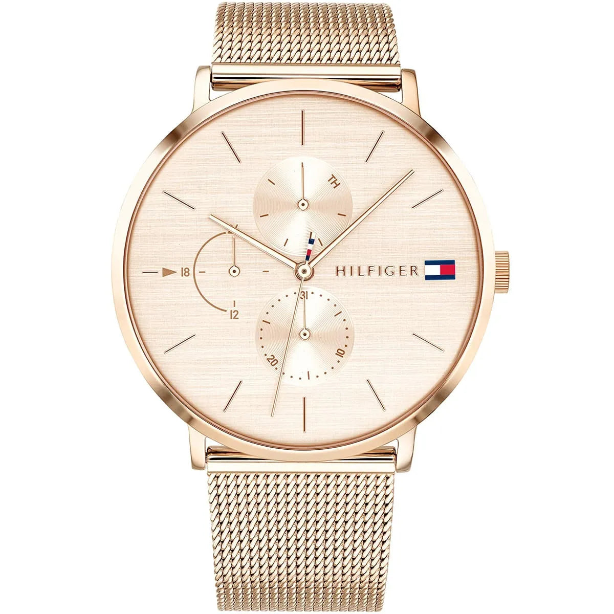 Tommy Hilfiger Jenna 1781944 40mm Women's Multi-Function Watch – Rose Gold Sunray & Rose Gold Stainless Steel Mesh Bracelet