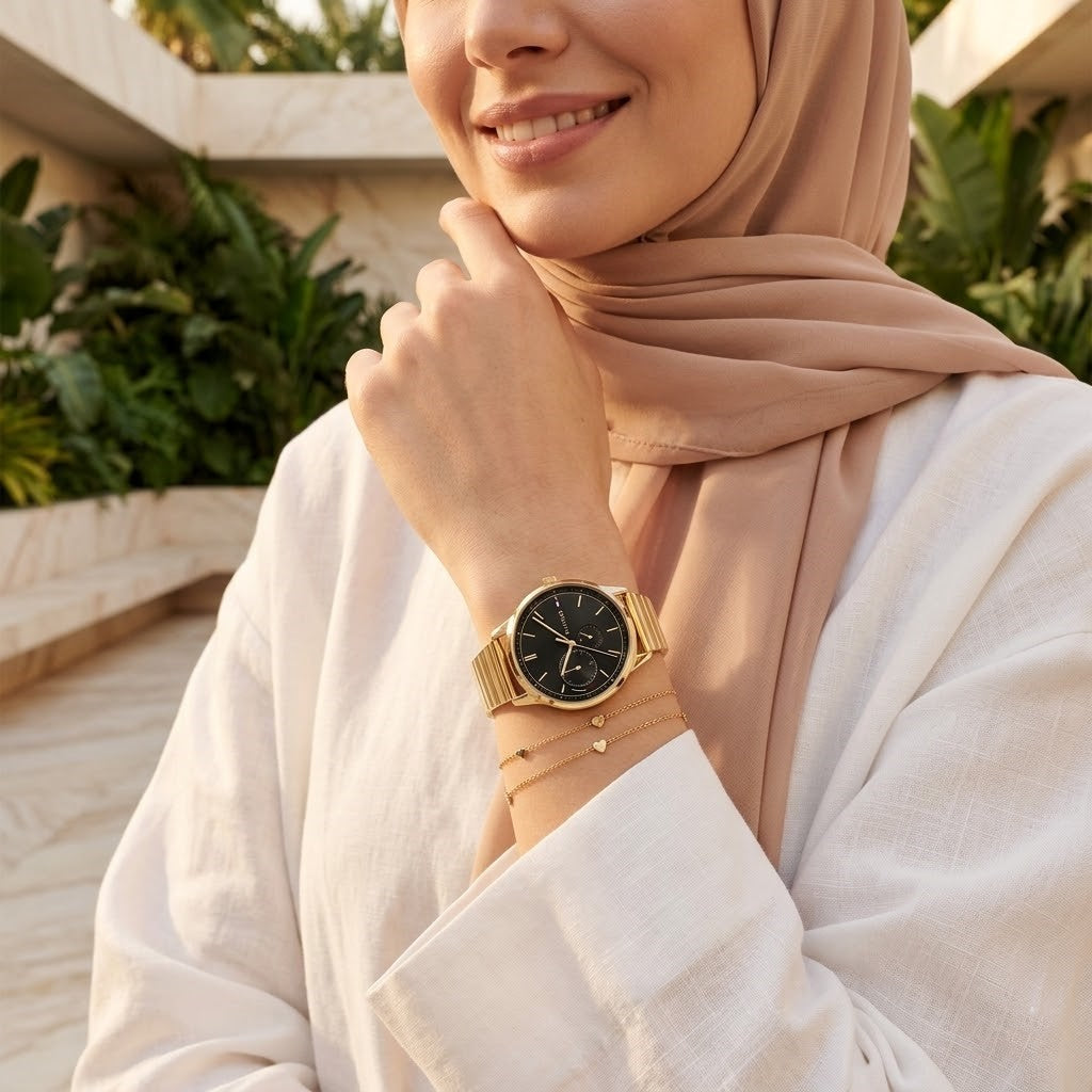Tommy Hilfiger Brooke 1782019 38mm Women's Multi-Function Watch – Black Sunray & Gold Stainless Steel Bracelet