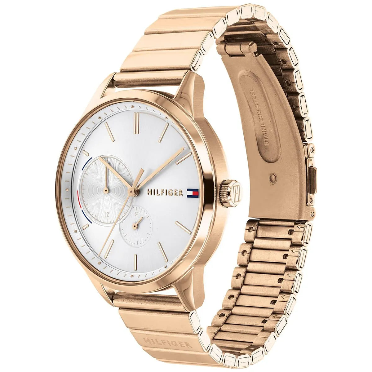 Tommy Hilfiger Brooke 1782021 38mm Women's Multi-Function Watch – Silver Sunray & Rose Gold Stainless Steel Bracelet