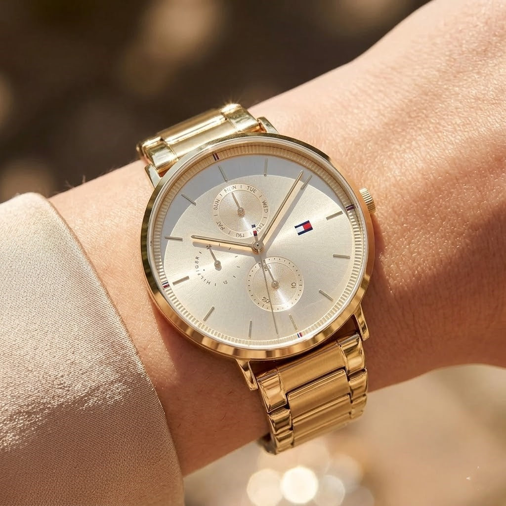 Tommy Hilfiger Jenna 1782297 40mm Women's Multi-Function Watch – Gold Sunray & Gold Stainless Steel Bracelet