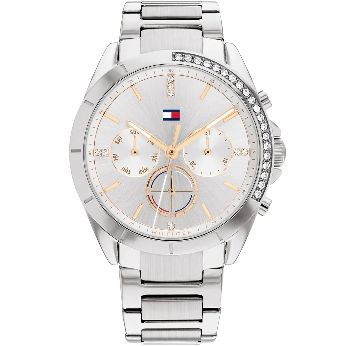 Tommy Hilfiger Kennedy 1782384 38mm Women's Multi-Function Watch – Silver Sunray & Silver Stainless Steel Bracelet