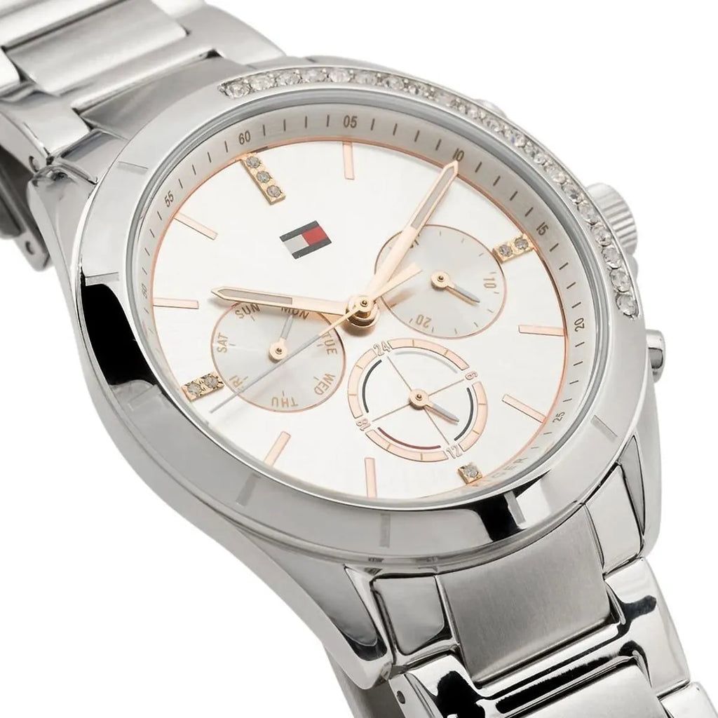 Tommy Hilfiger Kennedy 1782384 38mm Women's Multi-Function Watch – Silver Sunray & Silver Stainless Steel Bracelet