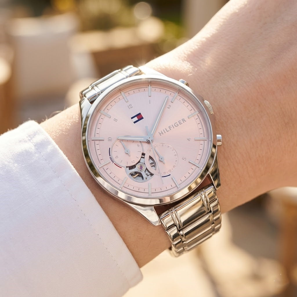 Tommy Hilfiger Leah 1782414 38mm Women's Multi-Function Watch – Pink Sunray & Silver Stainless Steel Bracelet