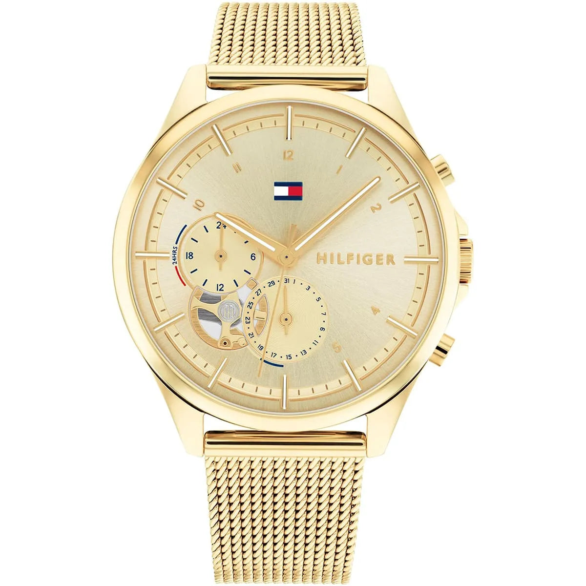 Tommy Hilfiger Lori 1782417 38mm Women's Multi-Function Watch – Champagne Sunray & Gold Stainless Steel Mesh Bracelet
