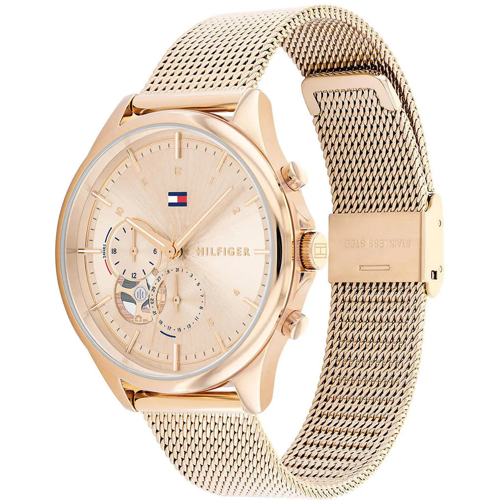 Tommy Hilfiger Quinn 1782486 38mm Women's Multi-Function Watch – Rose Gold Sunray & Rose Gold Stainless Steel Mesh Bracelet