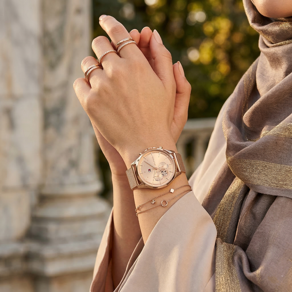 Tommy Hilfiger Quinn 1782486 38mm Women's Multi-Function Watch – Rose Gold Sunray & Rose Gold Stainless Steel Mesh Bracelet