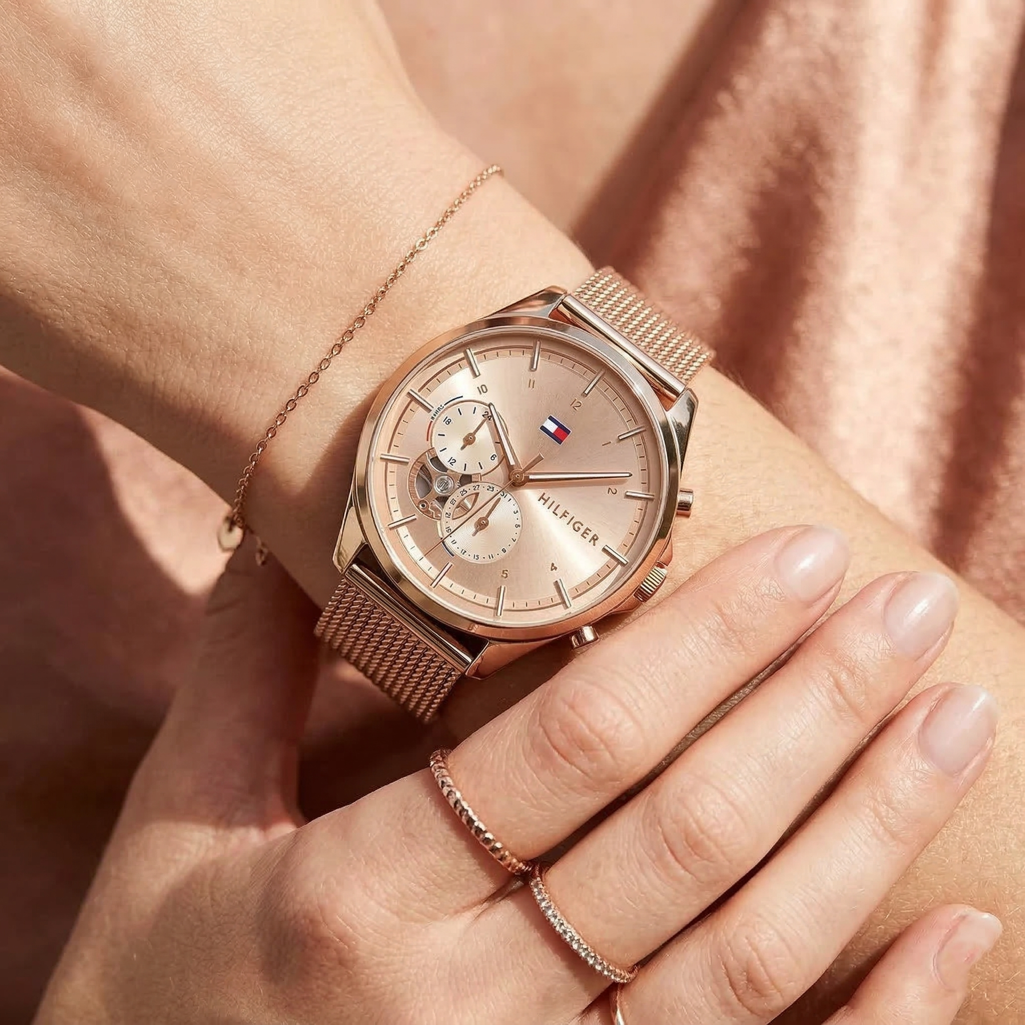 Tommy Hilfiger Quinn 1782486 38mm Women's Multi-Function Watch – Rose Gold Sunray & Rose Gold Stainless Steel Mesh Bracelet