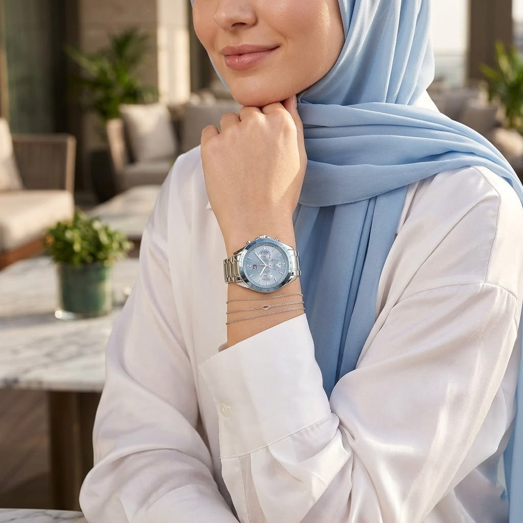 Tommy Hilfiger Kenzie 1782554 38mm Women's Multi-Function Watch – Light Blue Sunray & Silver Stainless Steel Bracelet