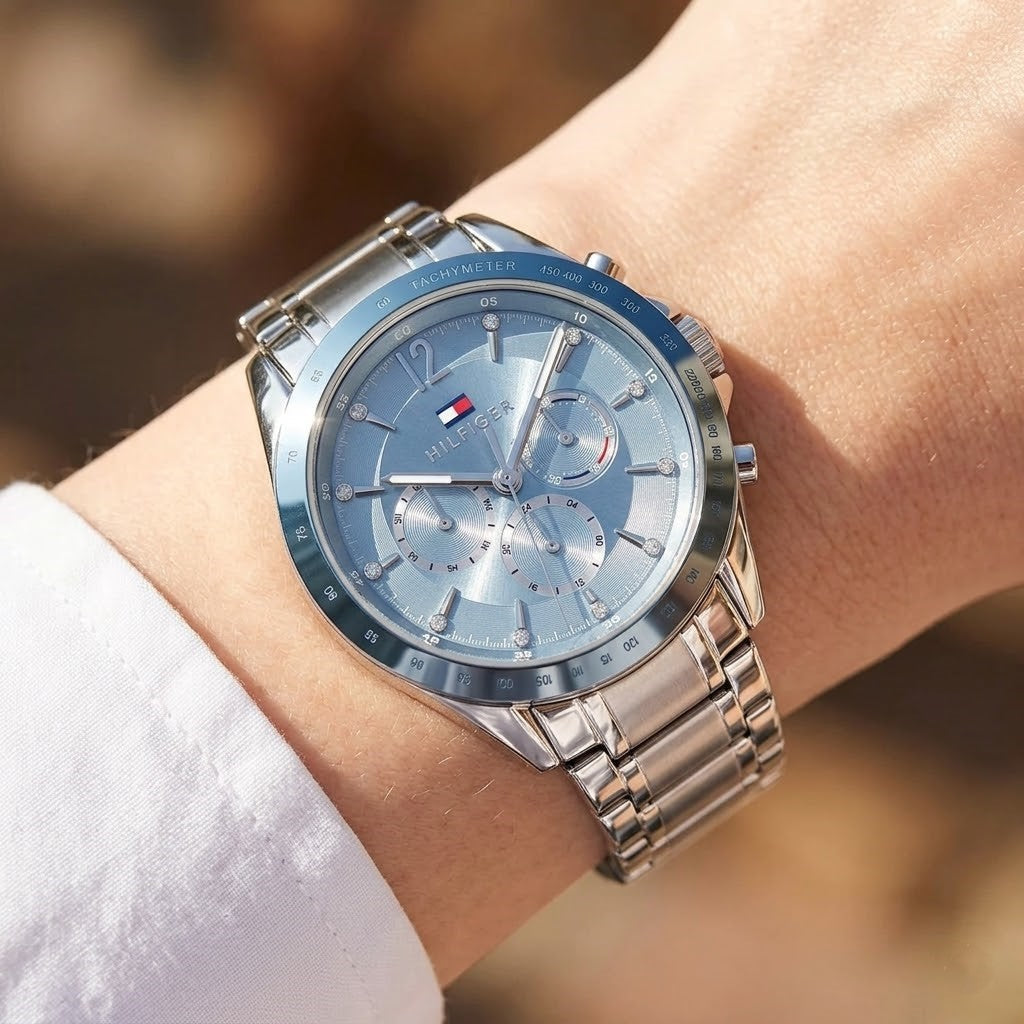 Tommy Hilfiger Kenzie 1782554 38mm Women's Multi-Function Watch – Light Blue Sunray & Silver Stainless Steel Bracelet