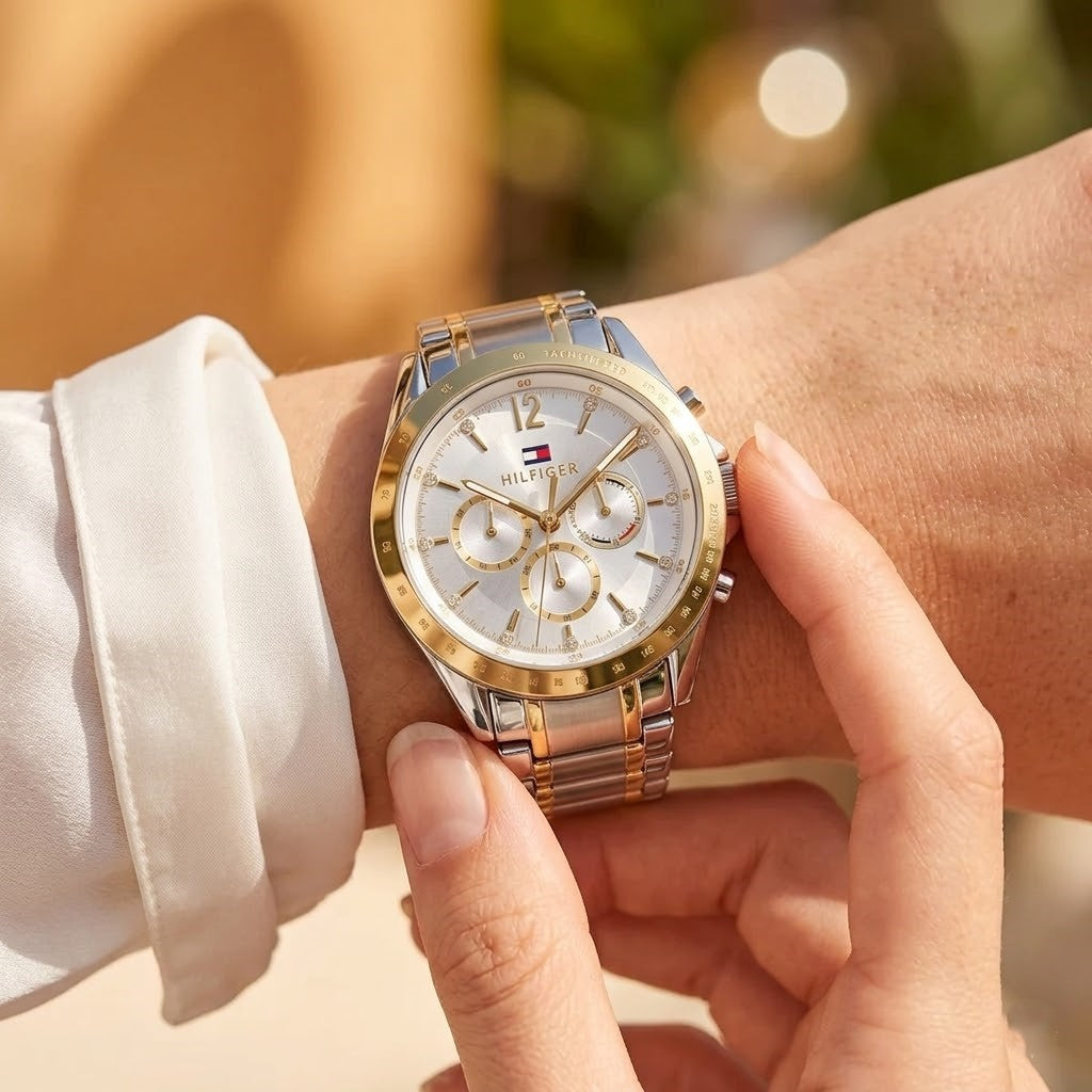Tommy Hilfiger Kenzie 1782555 38mm Women's Multi-Function Watch – Silver Sunray & Two-Tone Stainless Steel Bracelet
